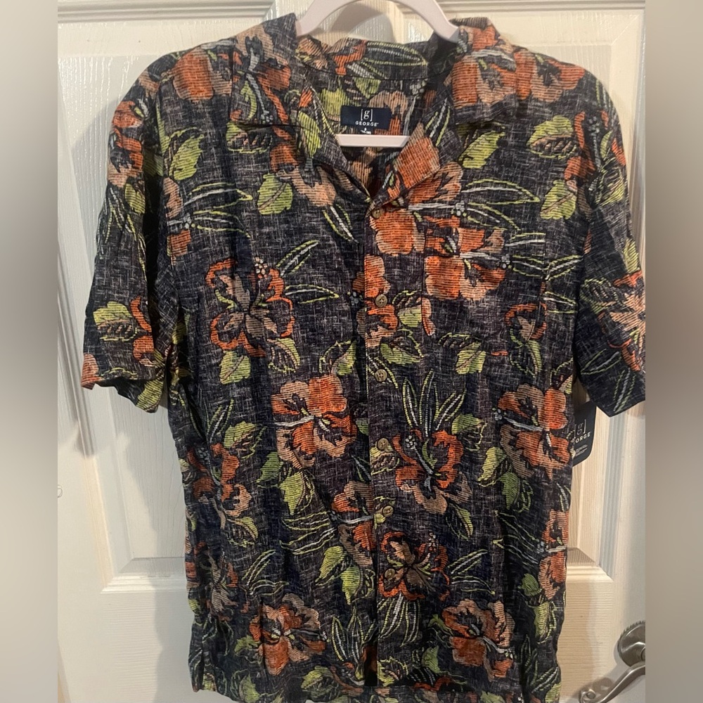 George Linen Blend Hawaiian Shirt Navy Hibiscus Floral Men’s Small NWT
